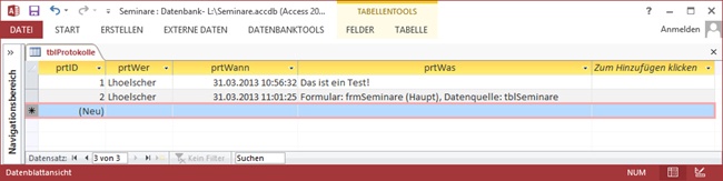 Auch der automatische Protokolleintrag wurde erzeugt