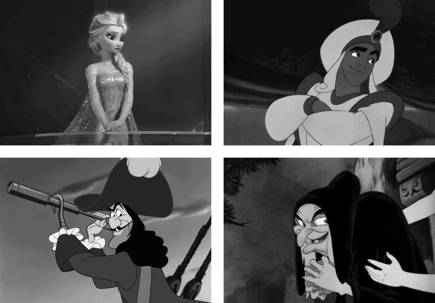 Four Disney characters. They include Elsa, Aladdin, Captain Hook, and the Evil Queenâ€™s hag form from Snow White.