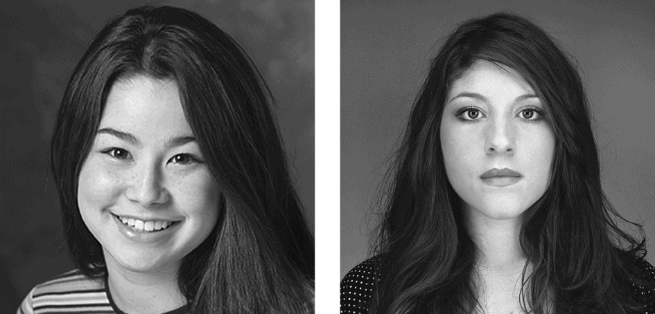 Two yearbook photos of two young girls. In the first photo, the young girl is smiling. In the second photo, the young girl has a straight face.