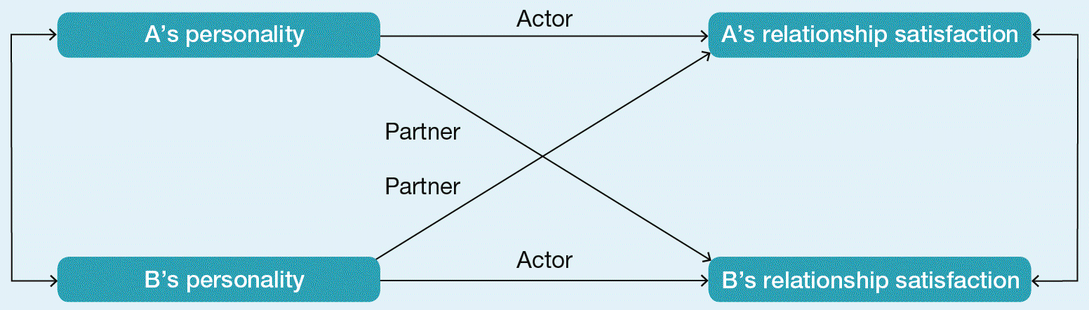 A diagram of the actor-partner interdependence model. Aâ€™s personality is the actor on Aâ€™s relationship satisfaction and the partner in Bâ€™s relationship satisfaction. Bâ€™s personality is the actor on Bâ€™s relationship satisfaction and the partner in Aâ€™s relationship satisfaction.