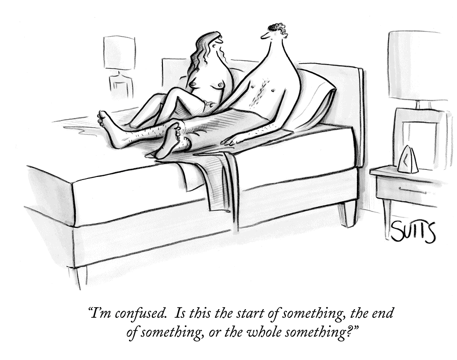 A New Yorker comic of a naked couple sitting up in bed looking at each other. The caption reads: Iâ€™m confused. Is this the start of something, the end of something, or the whole something?