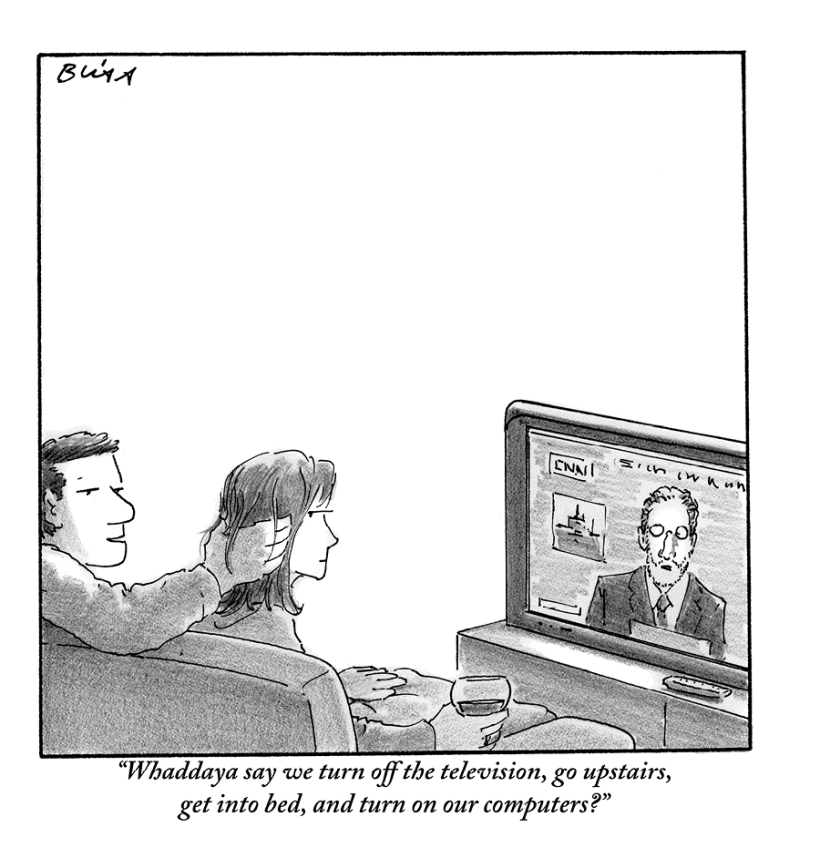 A comic from the New Yorker depicts a couple sitting on a couch watching T V. The man touches the womanâ€™s hair. The caption reads: Whaddaya say we turn off the television, go upstairs, get into bed, and turn on our computers?