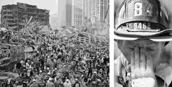 A two-part illustration of the impact of the destruction of the twin towers. In the first image, huge piles of rubble and chunks of skyscraper are scattered on the ground while several people gather around to help. In the second, a firefighter wipes tears from his eyes.