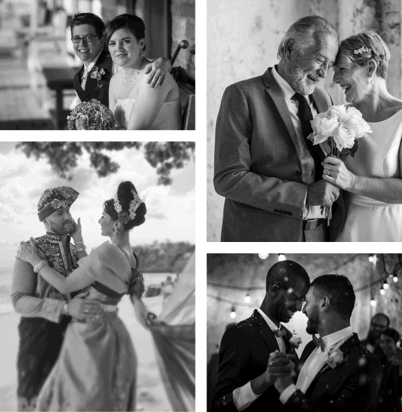 A 4-part image of married couples in wedding attire. The first is of two women sitting together on a bench, one in a tuxedo and the other in a white dress holding a bouquet. The second is of an older man and woman, both holding a bouquet with their foreheads pressed together, laughing. The third is of a woman and man dancing: he wears a turban and beaded jacket and she wears a dress with several different tones and her hair up in an elaborate headdress. The fourth is of two men dancing chest-to-chest, holding hands, with their foreheads together as they laugh and confetti falls around them.