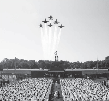 The Blue Angels fly over the graduation ceremony of the Class of 2002. (Courtesy U.S. Naval Academy)