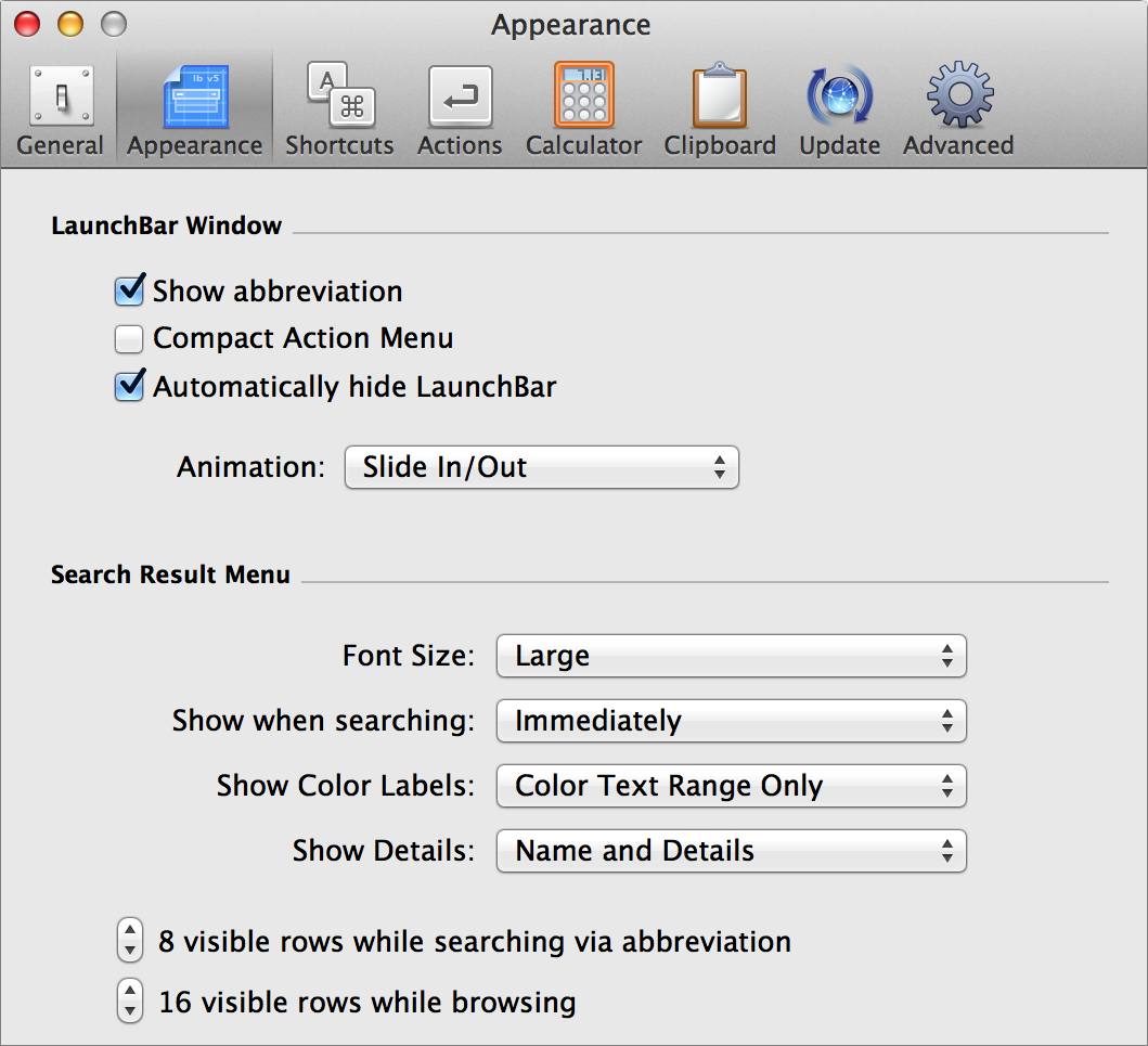 <strong>Figure 45:</strong> Tweak LaunchBar’s looks with these useful preferences.