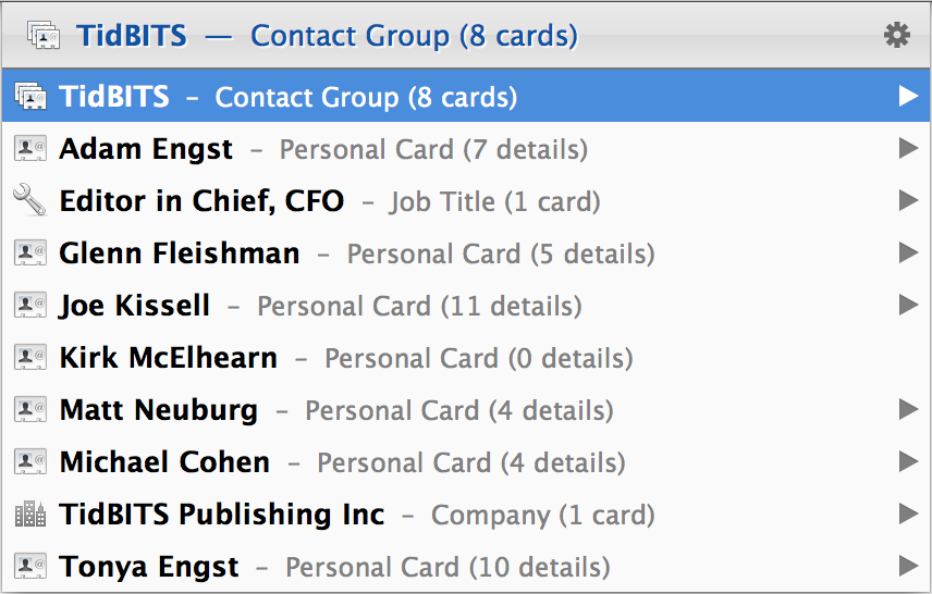 <strong>Figure 26:</strong> One view of your contacts: select the Contacts app and press the Space bar.