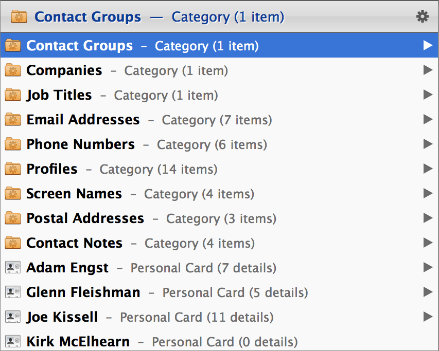 <strong>Figure 27:</strong> Another view of your contacts: select the Contacts app and press the right-arrow key.