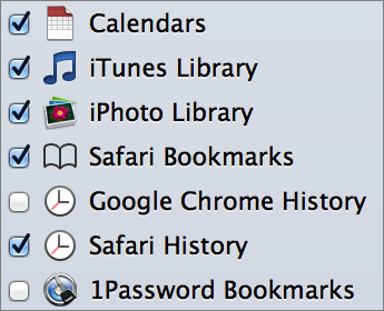 <strong>Figure 19:</strong> Here’s a close-up of part of LaunchBar’s indexing rules on my laptop. I’ve already selected Safari Bookmarks and Safari History. I have Google Chrome installed, so the Google Chrome History rule is there, but I haven’t selected it. I haven’t stored any bookmarks in Google Chrome, so no indexing rule for that appears.