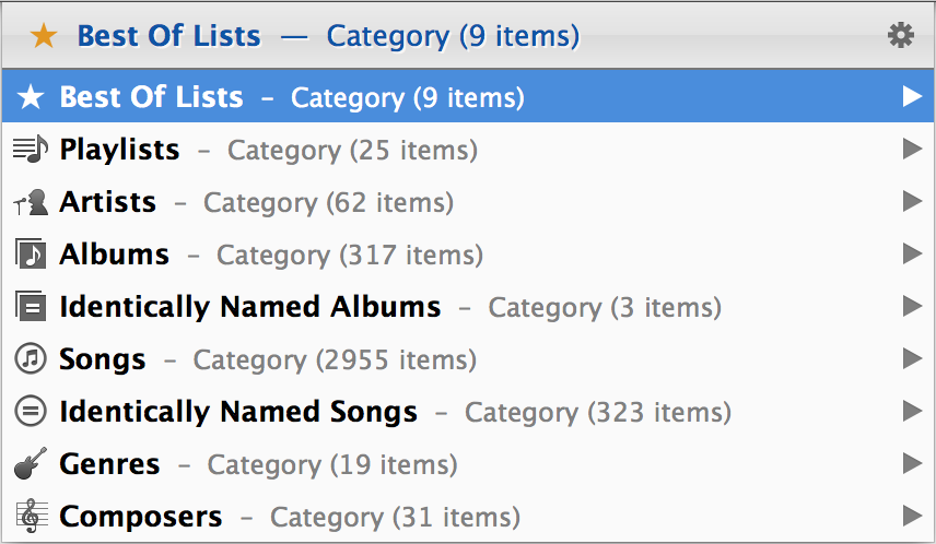 <strong>Figure 32:</strong> LaunchBar shows your iTunes music library in the above categories.