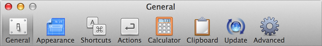 <strong>Figure 43:</strong> To open a LaunchBar preference pane, click its button in the toolbar. In a few cases, the name of the preference pane is longer than the shortened name that appears here. For example, the Shortcuts button opens the Keyboard Shortcuts pane.