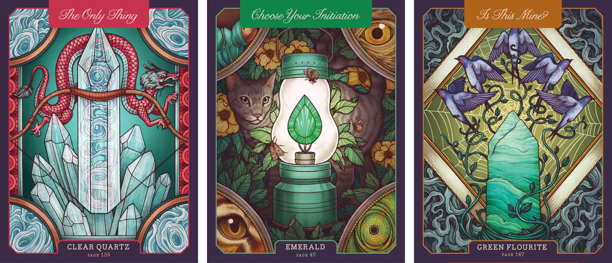 Clear quartz, emerald, and green flourite cards