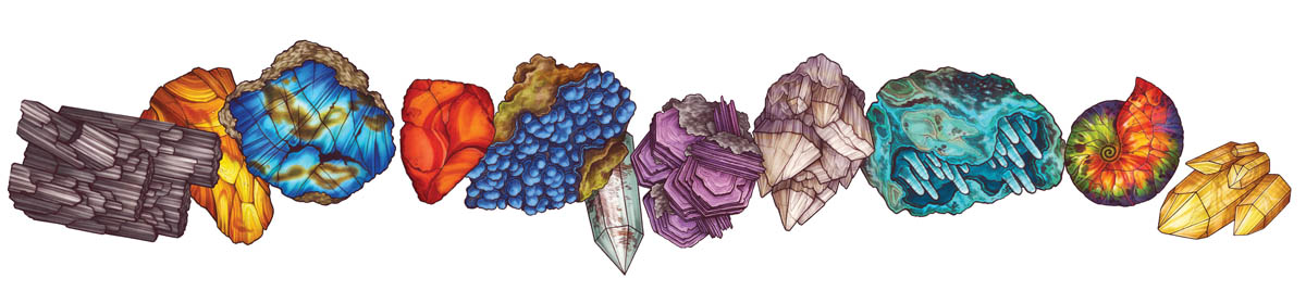 Border artwork of an assortment of crystals and minerals