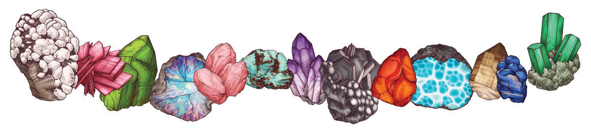 Border artwork of an assortment of crystals and minerals