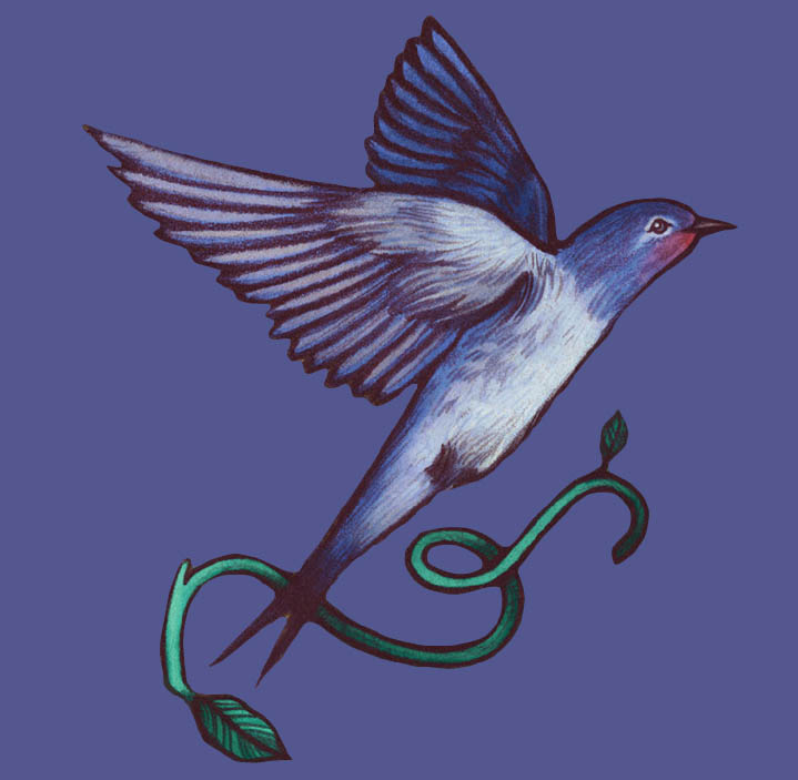 A blue bird carrying a vine