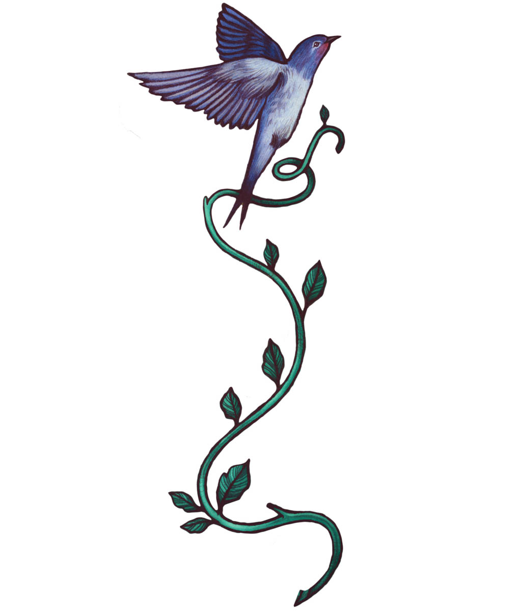 A blue bird carrying a vine