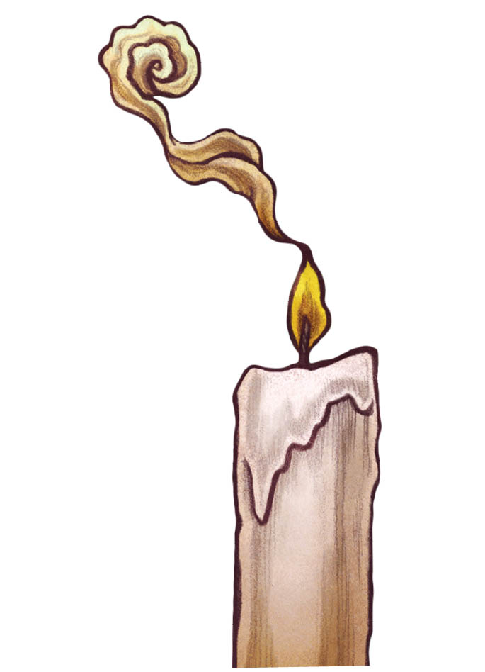 A lit candle with a curl of smoke