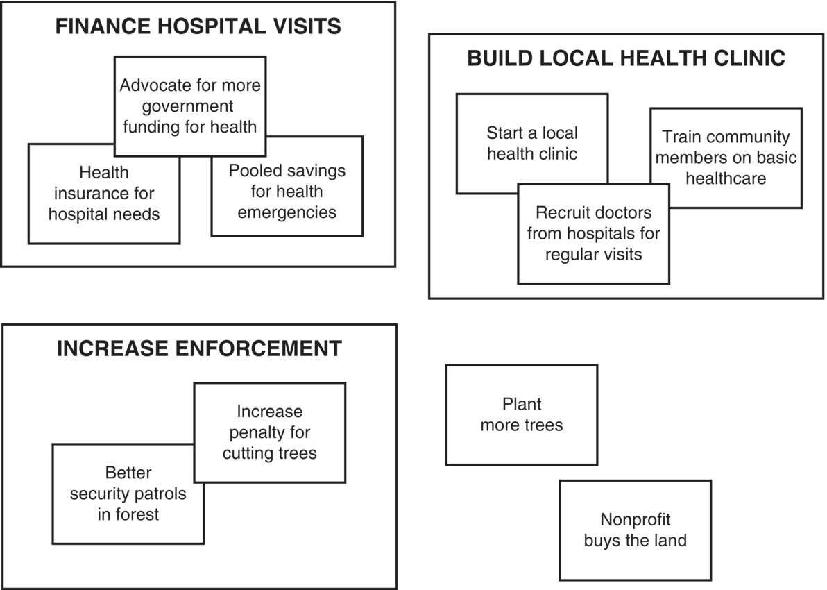 Diagram displaying 3 big boxes for finance hospital visits, increase enforcement, and build local health clinic. On the lower left portion are 2 small boxes labeled plant more trees and nonprofit buys the land.