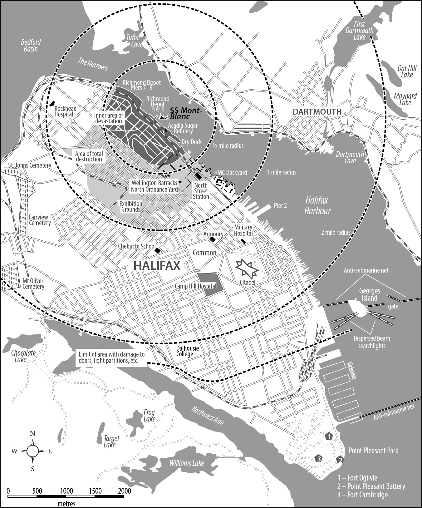 A map highlights the 3 areas of damage from the Halifax explosion.