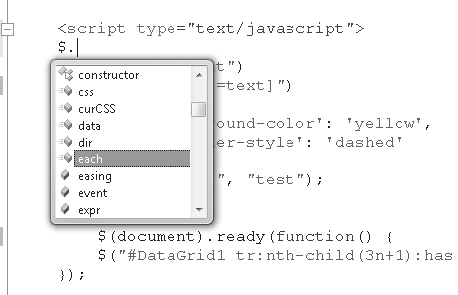 IntelliSense in action on jQuery objects within Visual Studio 2008