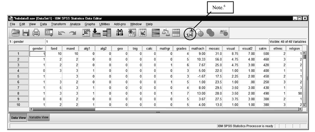 Fig. 1.3. Part of the hsbdataNew data view in the SPSS Data Editor.6