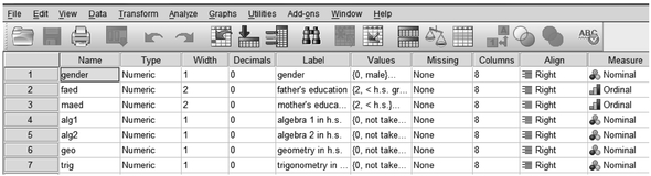 Fig. A.4. SPSS data editor: Variable view.