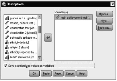 Fig. A.10. Descriptives window for converting to z scores.