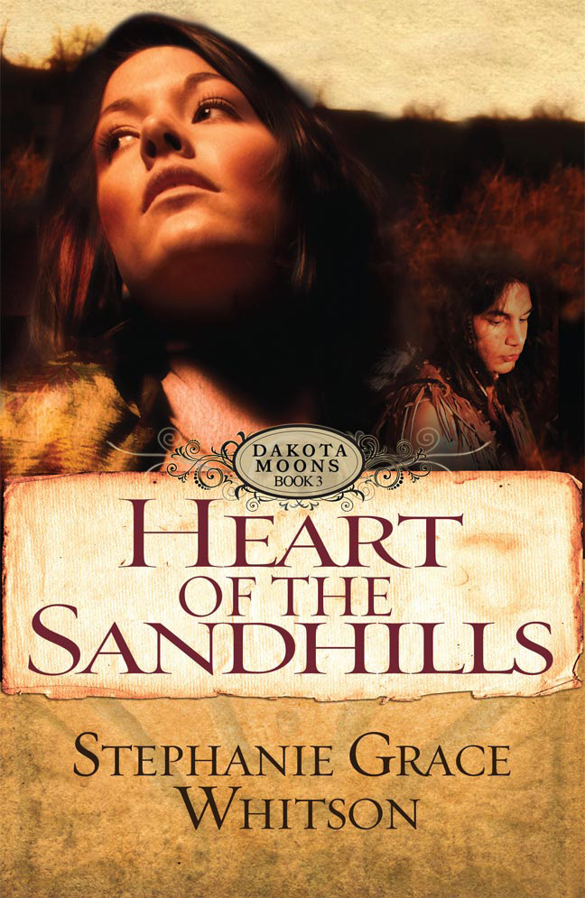 Image: The cover for Heart of the Sandhills, picturing Genevieve Delacroix looking into the distance, with Daniel Two Stars looking downward behind her.