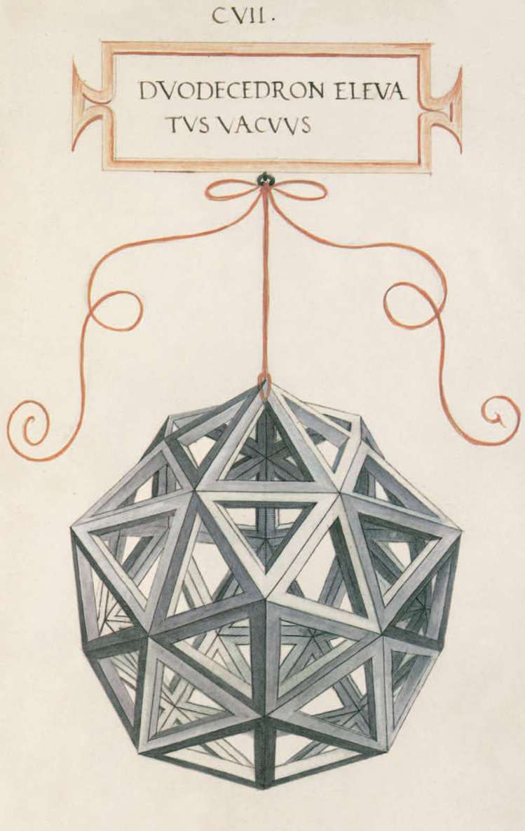 Le 12 tavole con cui Leonardo da Vinci ha illustrato i solidi geometrici regolari descritti da Platone nel Timeo. Leonardo elaborò queste celebri incisioni appositamente per l’opera di Fra’ Luca Bartolomeo De Pacioli (1445 ca. - 1517) De divina proportione, terminata nel 1498 e presentata dapprima in tre manoscritti (di cui due ci sono pervenuti, uno conservato nella Biblioteca Ambrosiana di Milano) e poi pubblicata a stampa a Venezia, insieme ad altre due opere, nel 1509