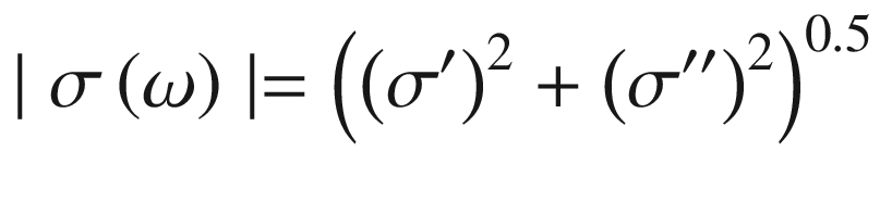 $$ \mid \sigma \left(\omega \right)\mid ={\left({\left({\sigma}^{\prime}\right)}^2+{\left({\sigma}^{{\prime\prime}}\right)}^2\right)}^{0.5} $$