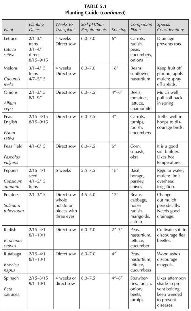 TABLE 5.1 Planting Guide (continued) Plant Planting Dates Weeks to Transplant Soil pH/Sun Requirements Spacing Companion Plants Special Considerations Lettuce Latuca sativa 2/1–3/1 trans 3/1–4/1 direct 8/15–9/15 4 weeks Direct sow 6.0–7.0 6” Carrots, radish, peas, cucumbers, onions Drainage prevents rots. Melons Cucumis melo 3/1–4/15 trans 4/7–5/15 4 weeks Direct sow 6.0–7.0 18” Beans, sunflower, nasturtium Keep fruit off ground; apply mulch; spray off aphids. Onions Allium cepa 2/1–3/15 8/1–9/1 Direct sow 6.0–7.5 4”–6” Beets, tomatoes, lettuce, chamomile Mulch well; pull soil back in spring. Peas English Pisum sativa 2/15–3/15 8/15–9/15 Direct sow 6.0–7.5 4” Carrots, turnips, radish, cucumbers Trellis well in hoops to discourage birds. Peas Field Paseolus vulgaris 4/1–6/15 Direct sow 6.0–7.5 6” Corn, squash, okra It is a good soil builder. Likes hot temperature. Peppers Capsicum annuum 2/15–4/1 seed 4/1–5/15 trans 6 weeks 5.5–7.5 18” Basil, borage, parsley, chives Regular water; mulch; limit overhead irrigation. Potatoes Solanum tubersoum 2/1–3/15 Direct sow whole potato or pieces with three eyes 4.5–6.0 12” Beans, cabbage, horse radish, marigolds, catnip Change out mulch periodically. Needs good drainage. Radish Raphanus sativus 2/15–4/1 8/1–10/1 Direct sow 6.0–7.0 2”–3” Peas, nasturtium, lettuce, cucumber Cultivate soil to discourage flea beetles. Rutabaga Brassica napus 2/15–4/1 8/1–10/1 Direct sow 6.0–7.0 4” Peas, nasturtium, lettuce, cucumbers Wood ashes discourage maggots. Spinach Beta oleracea 2/15–3/15 9/1–10/1 4 weeks or direct sow 6.0–7.5 4”–6” Strawberries, radish, onion, beets, turnips Likes afternoon shade to prevent bolting; keep weeded to prevent diseases.