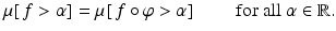 
$$ \displaystyle{\mu [\,f >\alpha ] =\mu [\,f\circ \varphi >\alpha ]\quad \quad \mbox{ for all $\alpha \in \mathbb{R}$}.} $$
