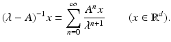 
$$ \displaystyle{(\lambda -A)^{-1}x =\sum _{ n=0}^{\infty }\frac{A^{n}x} {\lambda ^{n+1}} \qquad (x \in \mathbb{R}^{d}).} $$
