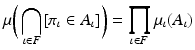 $$\displaystyle{\mu \bigg(\bigcap _{\iota \in F}[\pi _{\iota } \in A_{\iota }]\bigg) =\prod _{\iota \in F}\mu _{\iota }(A_{\iota })}$$