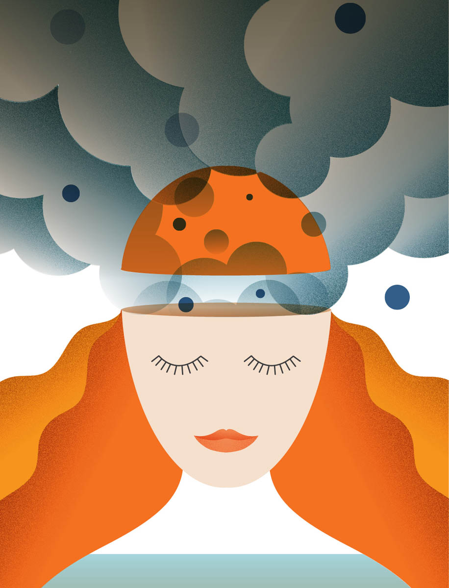 An illustration of dark clouds emerging from a peaceful woman's head.