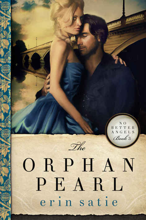 Cover for The Orphan Pearl shows a couple embracing in front of a bridge in an urban setting (London).