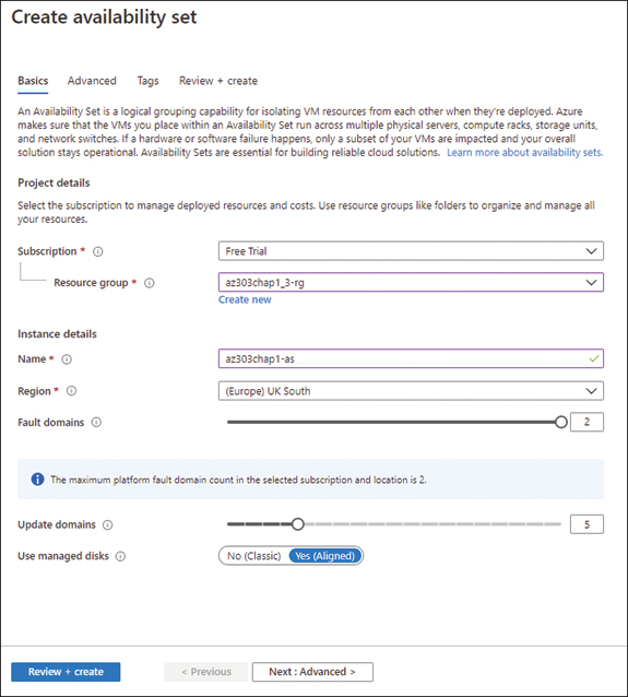 This is a screenshot of the Azure portal Create Availability Set page.