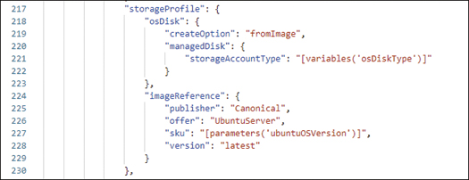 This is a screenshot of VS Code with the storage profile snippet for a managed disk
