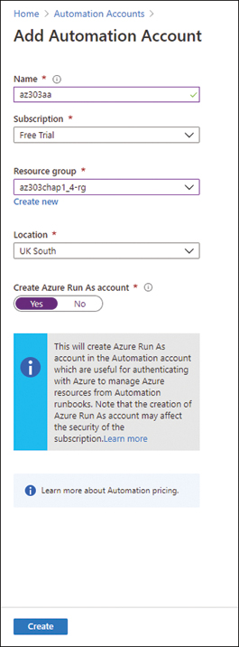 This is a screenshot shows the Add Automation Account of the Azure portal showing the options to add an automation account.