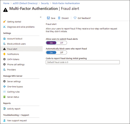 This is a screenshot of the Fraud Alert blade in the Azure portal. Allow Users To Submit Fraud Alerts and Automatically Block Users Who Report Fraud are both set to On.