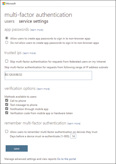 This is a screenshot of the MFA Service Settings page from the Azure portal.