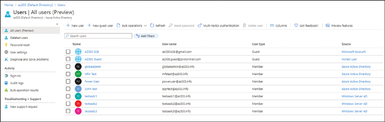 This is a screenshot of the Azure portal showing two users, one of whom is identified as having a Microsoft Account and with the other identified as Invited User.