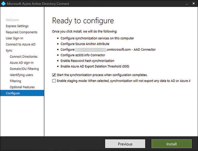 This is a screenshot of the Azure AD Connect Ready To Configure screen.