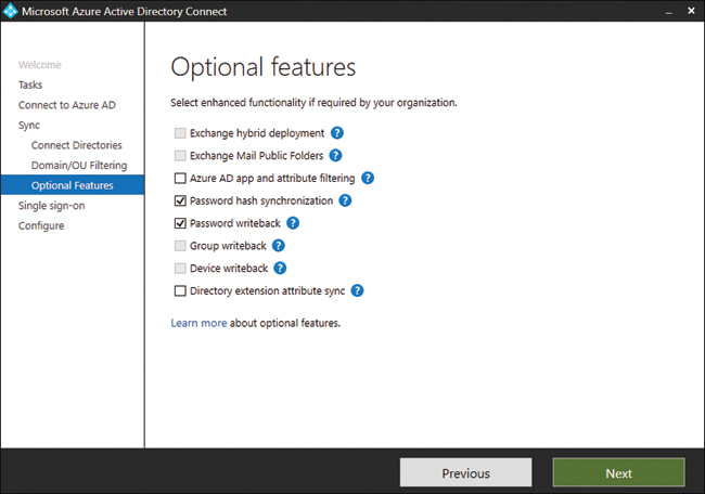 This is a screenshot of the Optional Features page on Azure AD Connect, which shows Password Writeback and Password Hash Synchronization selected.