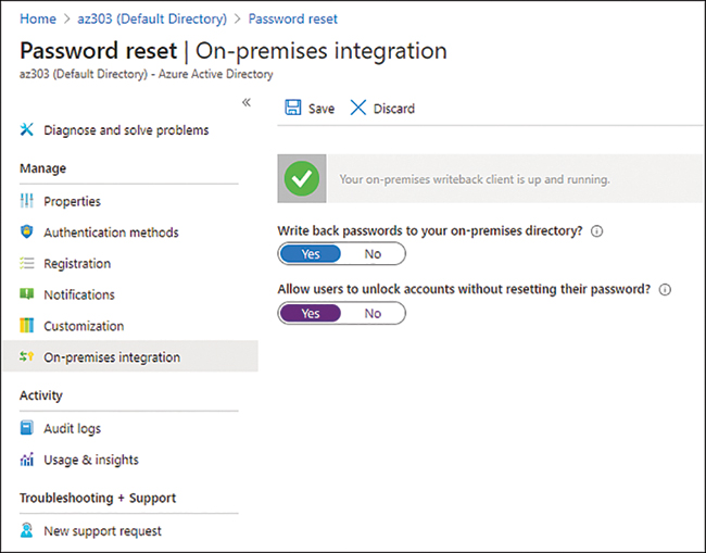 This is a screenshot of an Azure AD SSPR showing the password writeback settings. Both Write Back Passwords To Your On-Premises Directory? and Allow Users to Unlock Accounts Without Resetting Their Password? have been set to Yes.