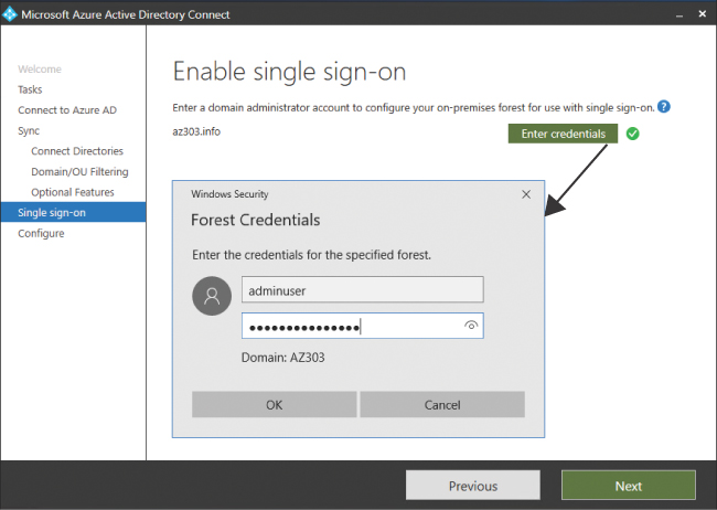 This is a screenshot of an Azure AD Connect showing the Enable Single Sign-On screen.