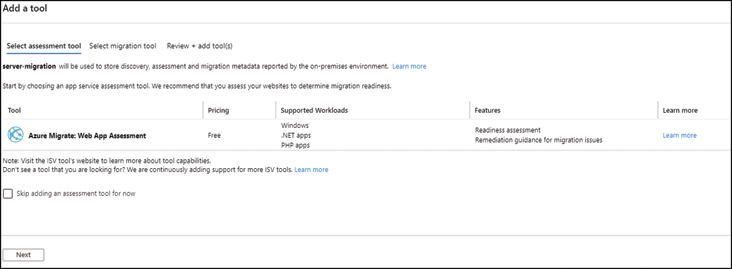 This is a screenshot of the Azure Migrate Add a tool wizard for configuring the Azure Migrate: Web App Assessment tool. This tool will scan existing IIS servers and determine which applications are ready for migration to Azure. Select the tool from the list and click Next to proceed.