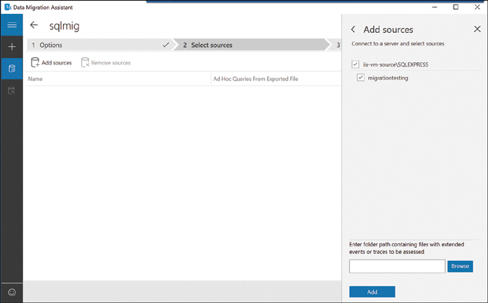 This is a screenshot of the options available when configuring a Data Migration. On this screen, the Add Sources button will help you choose the databases on the current server to include in the migration to Azure. Once the databases have been selected, shown on the right of the image, click the Add button to include them in the database migration plan.