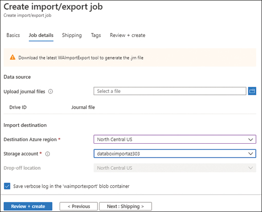 This is a screenshot of the import/export job creation dialog used with Data Box. Details of the job should be provided here, including journal files for the data being shipped to Microsoft, the destination region where the data should land once ingested, the storage account name that will house the data. Once this information has been provided, click the Next: Shipping button to continue.