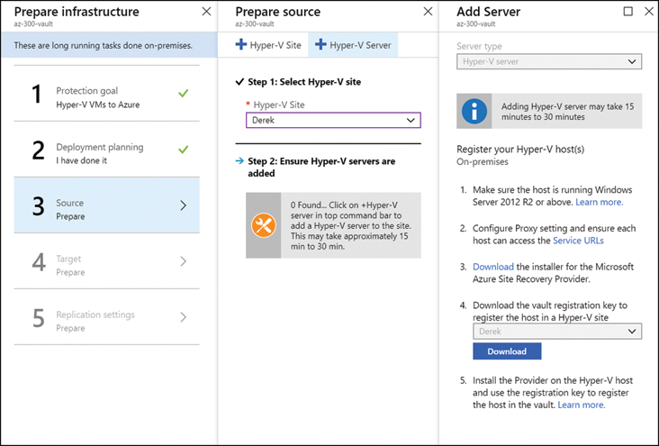 This is a screenshot of step three in the preparing infrastructure wizard. The Hyper-V site is selected in the center column of the image and the download options for the registration key to add a Hyper-V server are displayed on the right.